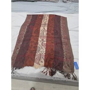 Paisley Stripe Scarf‎ Shawl Red Brown Cream Fringe Warm Fashion Accessory